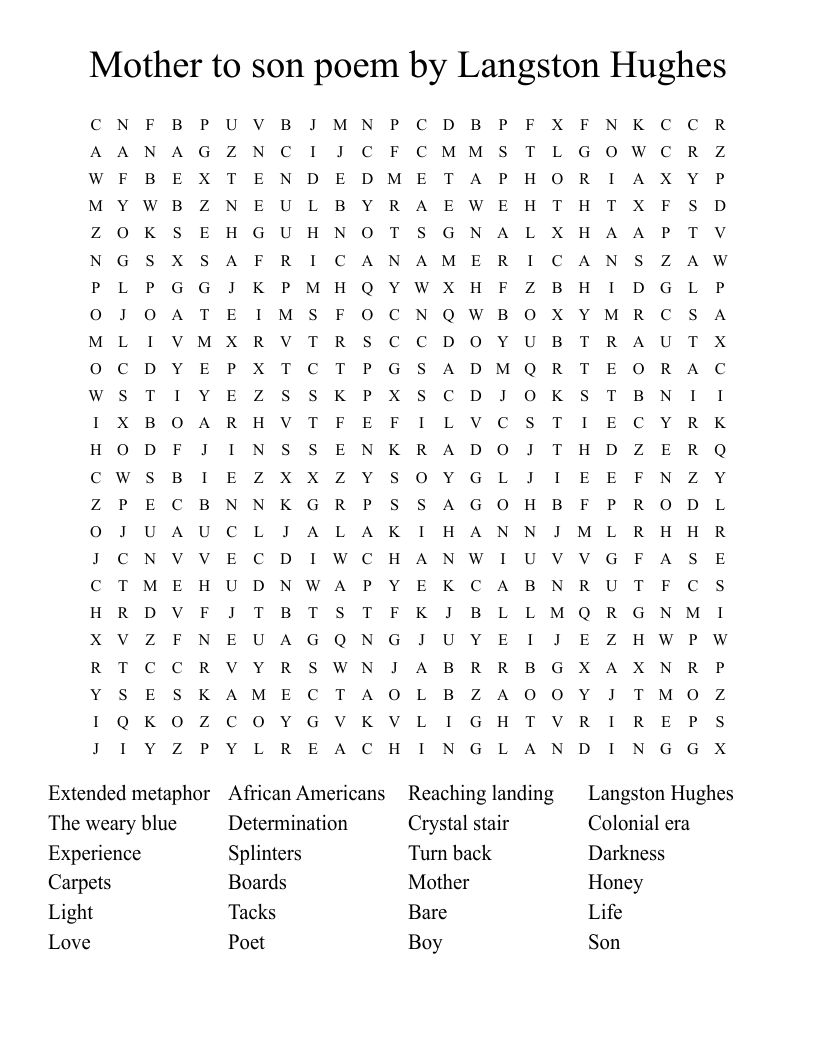 Mother to son poem by Langston Hughes  Word Search