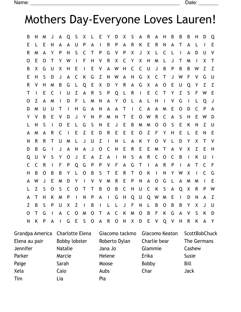 Mothers Day-Everyone Loves Lauren! Word Search