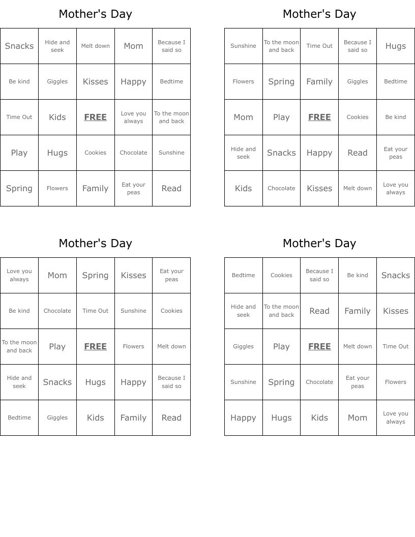 Mother's Day Bingo Cards