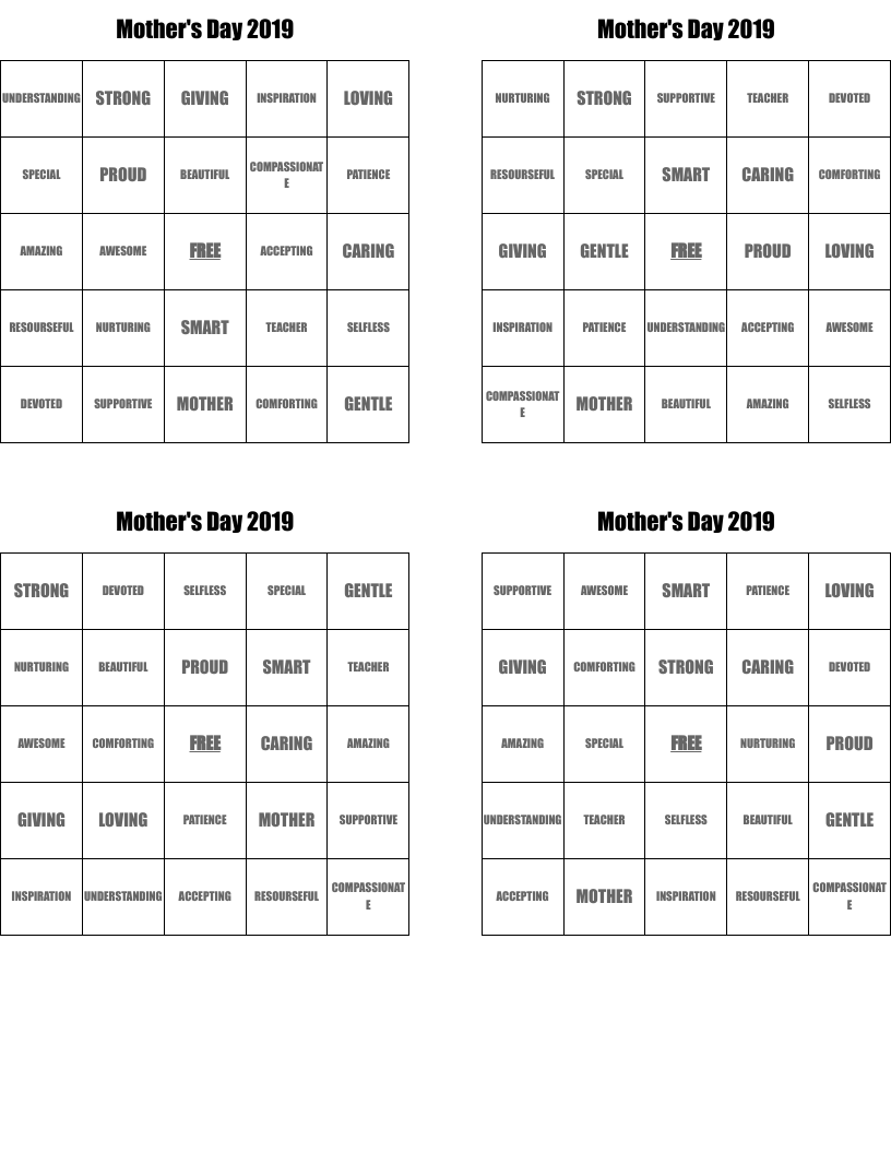 Mother's Day 2019 Bingo Cards