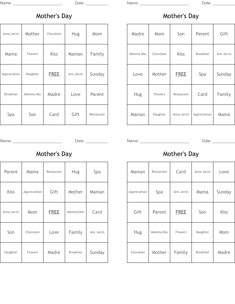 Mother's Day Bingo Cards