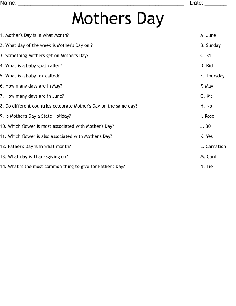 Mothers Day Worksheet