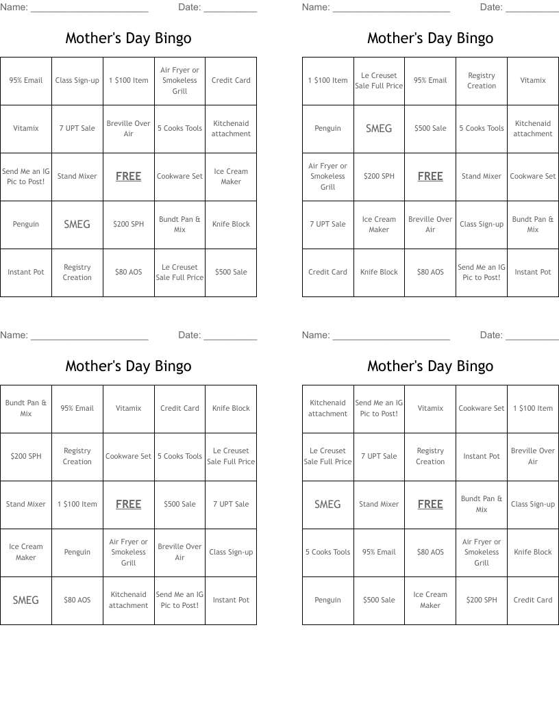 Mother's Day Bingo
