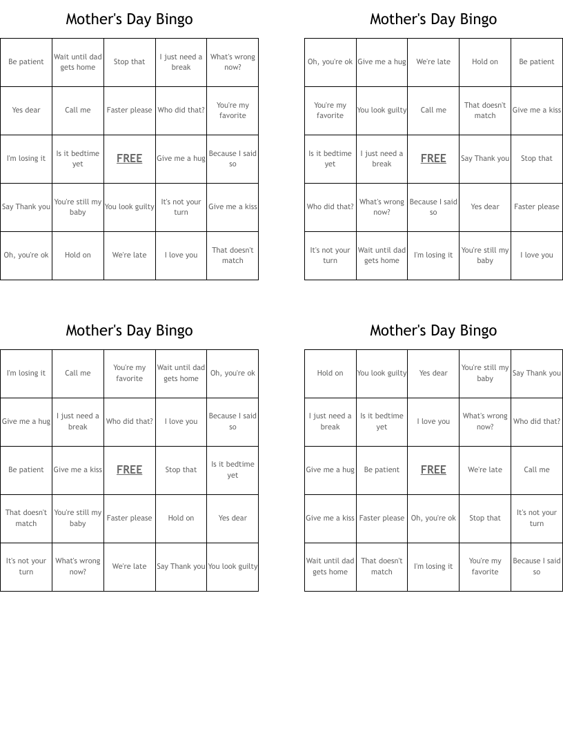 Mother's Day Bingo