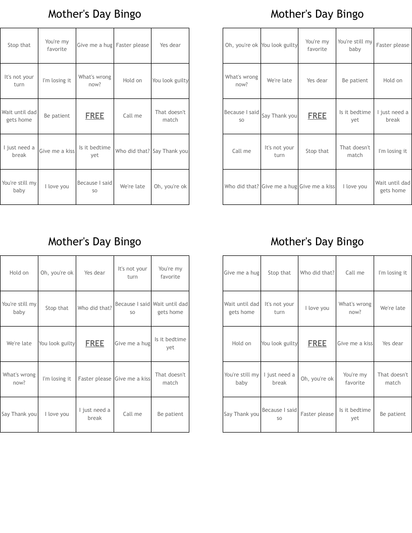 Mother's Day Bingo