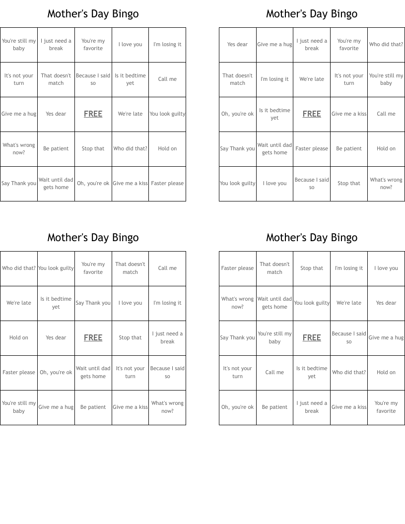 Mother's Day Bingo