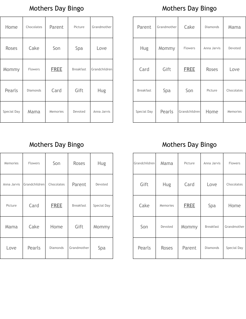 Mothers Day Bingo