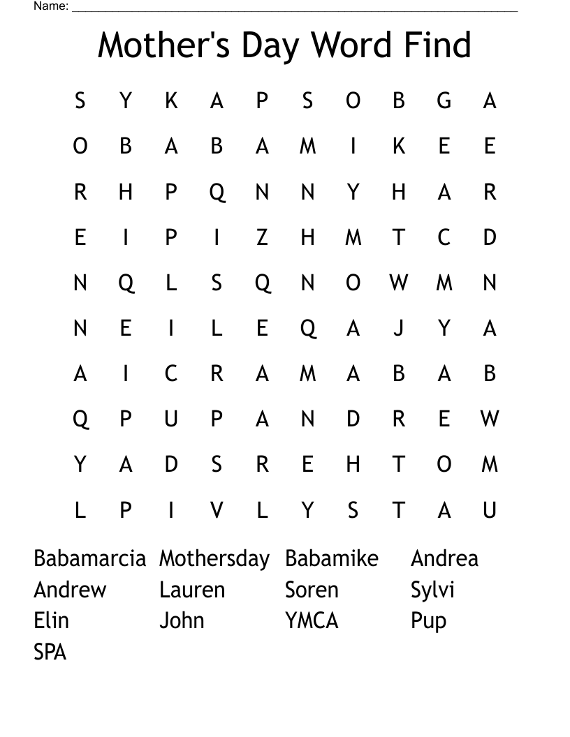 Mother's Day Word Find Word Search