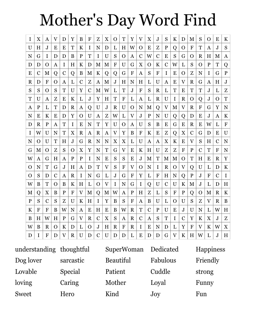Mother's Day Word Find Word Search