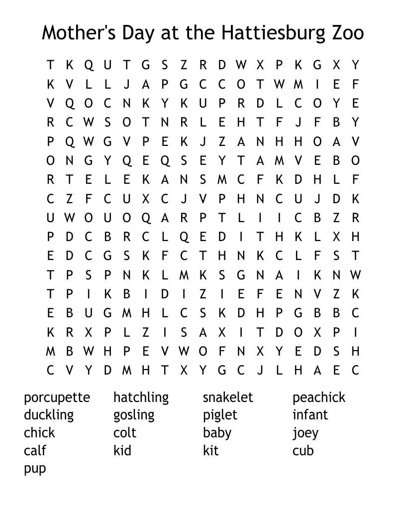 Mother's Day at the Hattiesburg Zoo Word Search