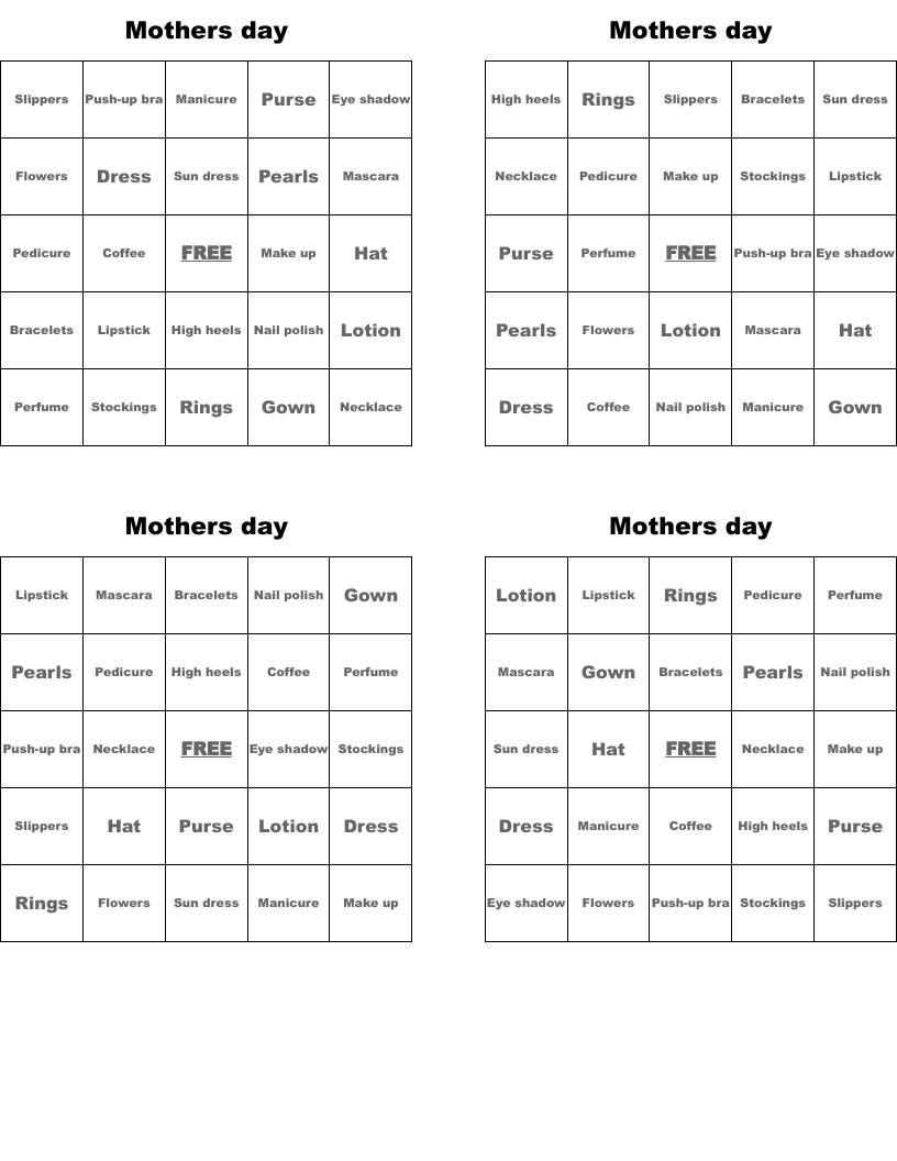 Mothers day Bingo Cards