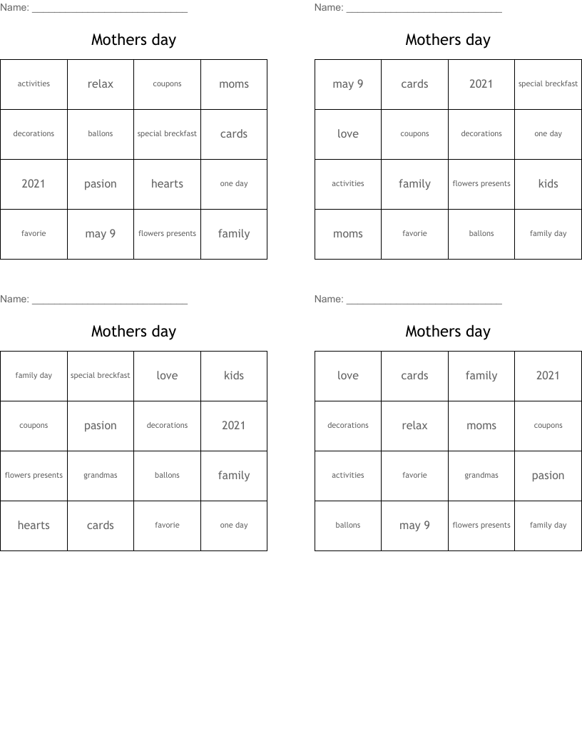 Mothers day  Bingo Cards