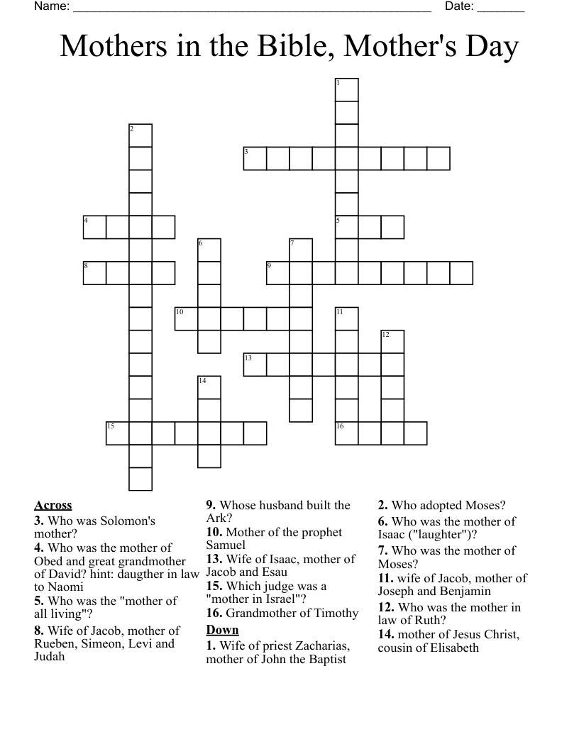 Mothers in the Bible, Mother's Day Crossword