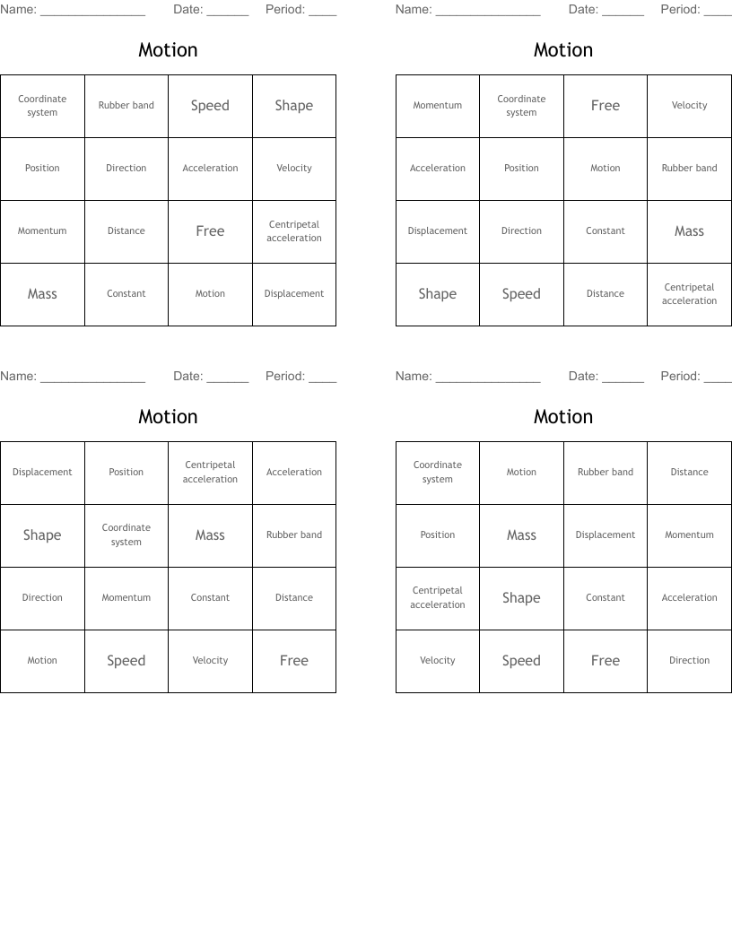 Motion Bingo Cards