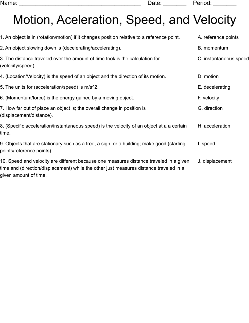 Motion, Aceleration, Speed, and Velocity Worksheet