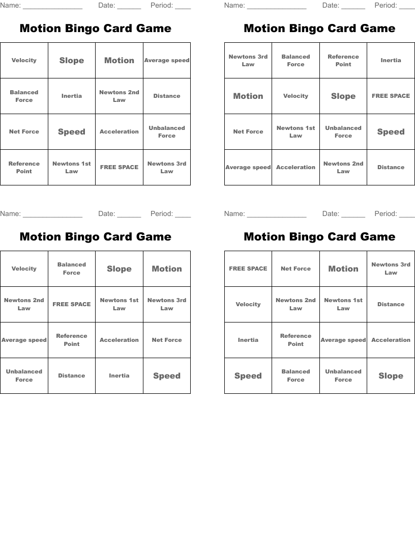Motion Bingo Card Game