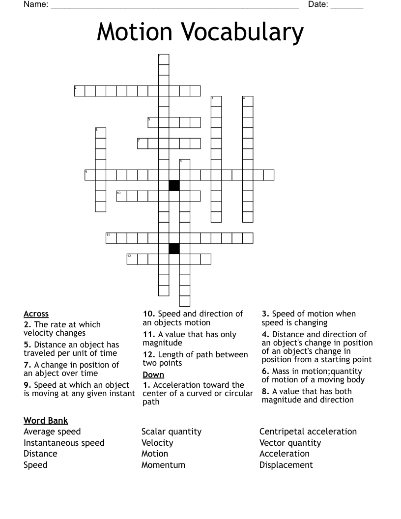 Motion Vocabulary Crossword