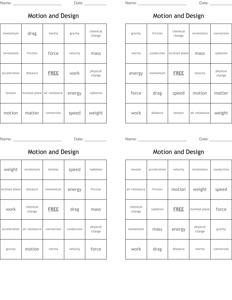 Motion and Design Bingo Cards
