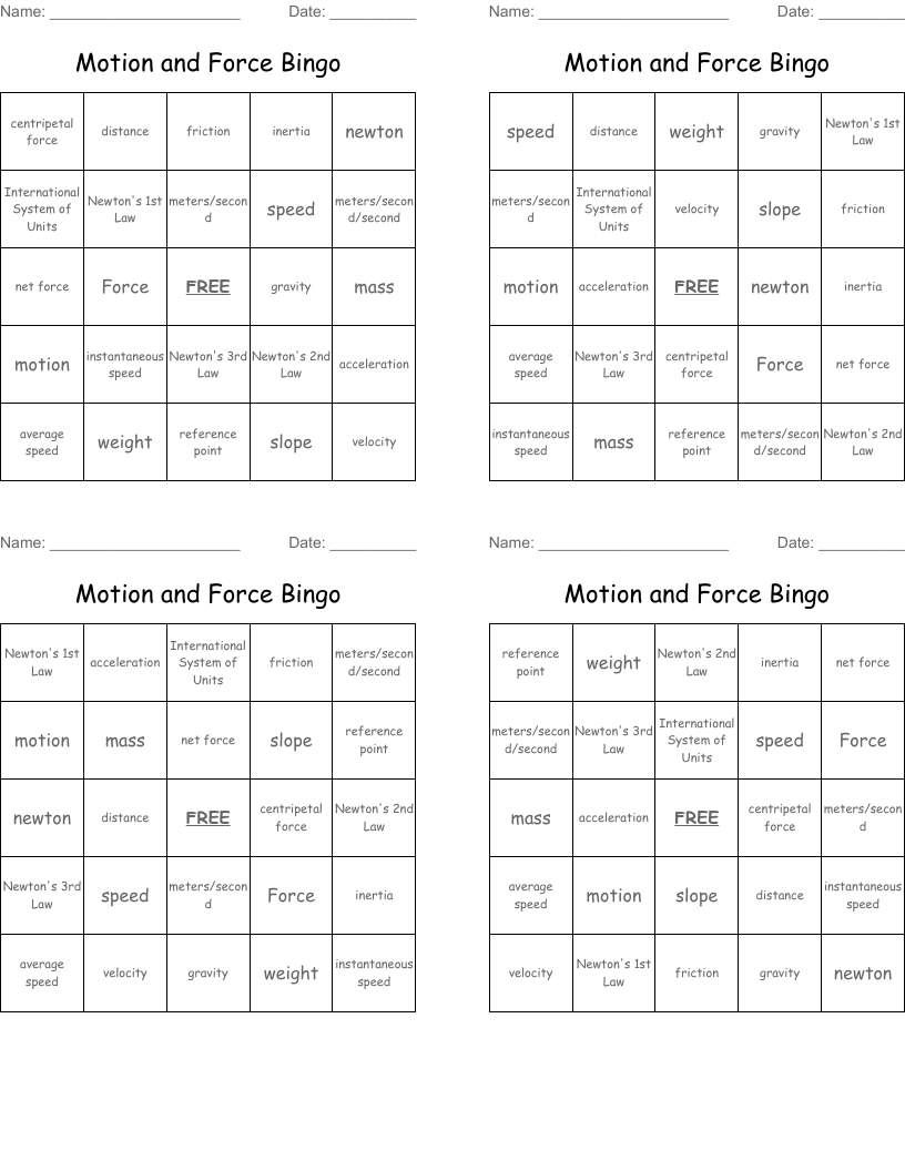 Motion and Force Bingo