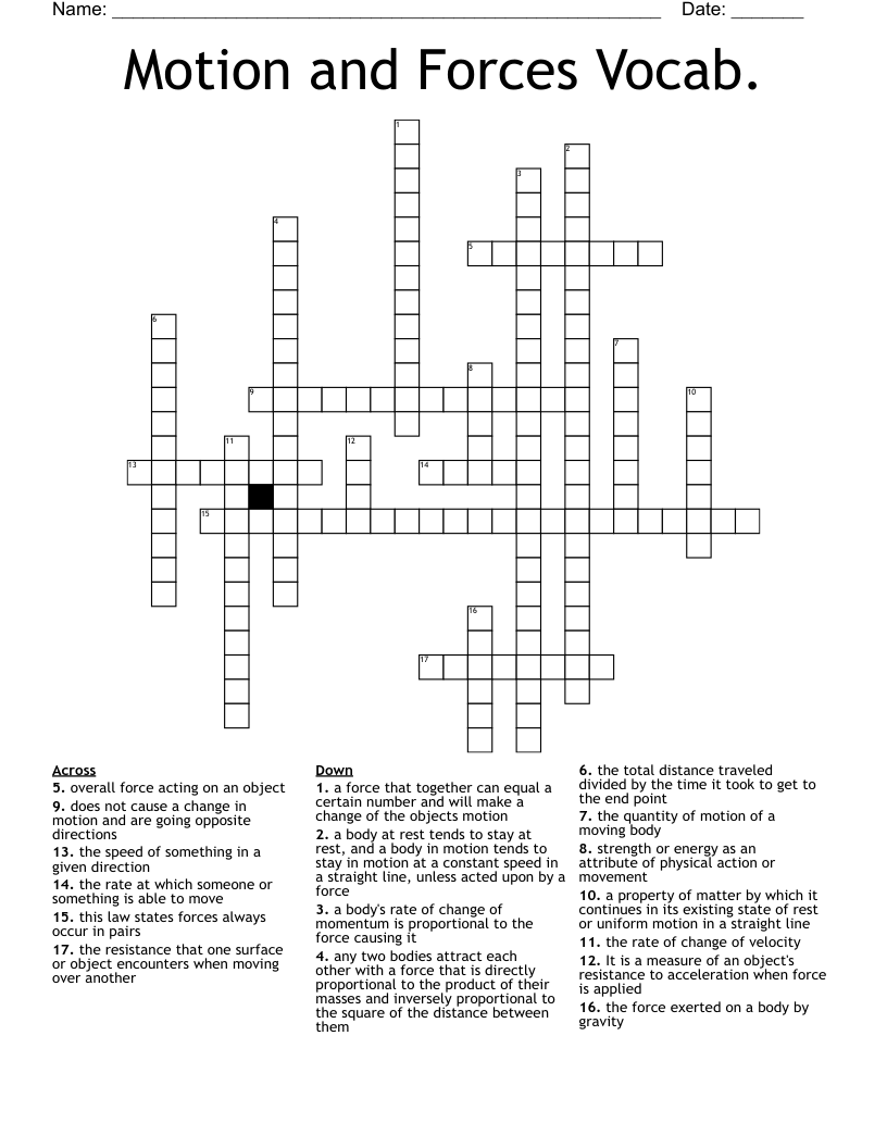 Motion and Forces Vocab. Crossword