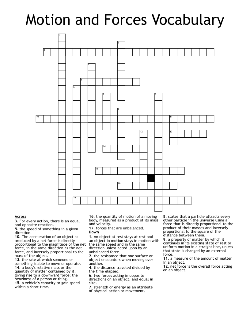 Motion and Forces Vocabulary Crossword