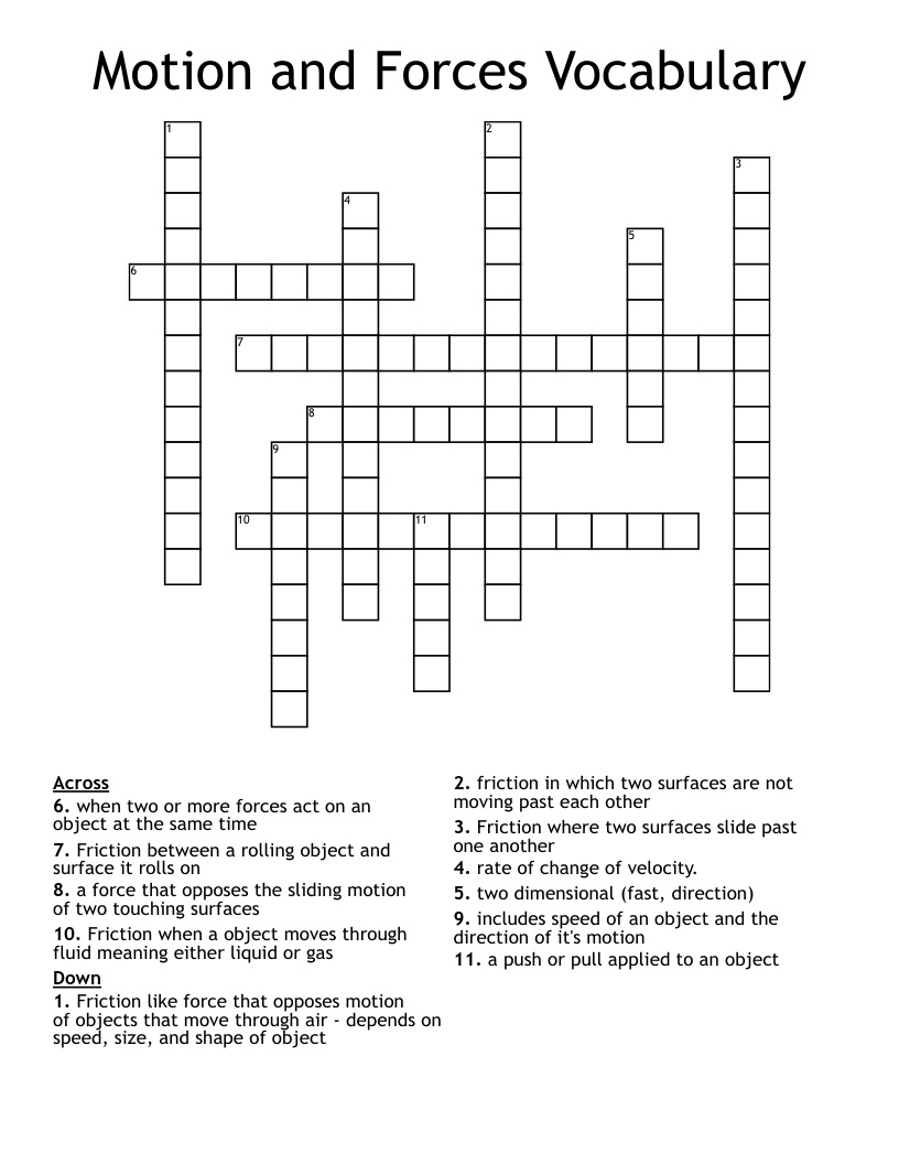 Motion and Forces Vocabulary Crossword