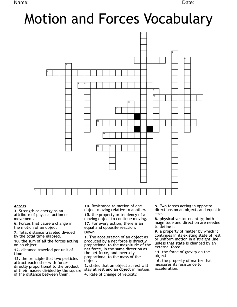Motion and Forces Vocabulary Crossword