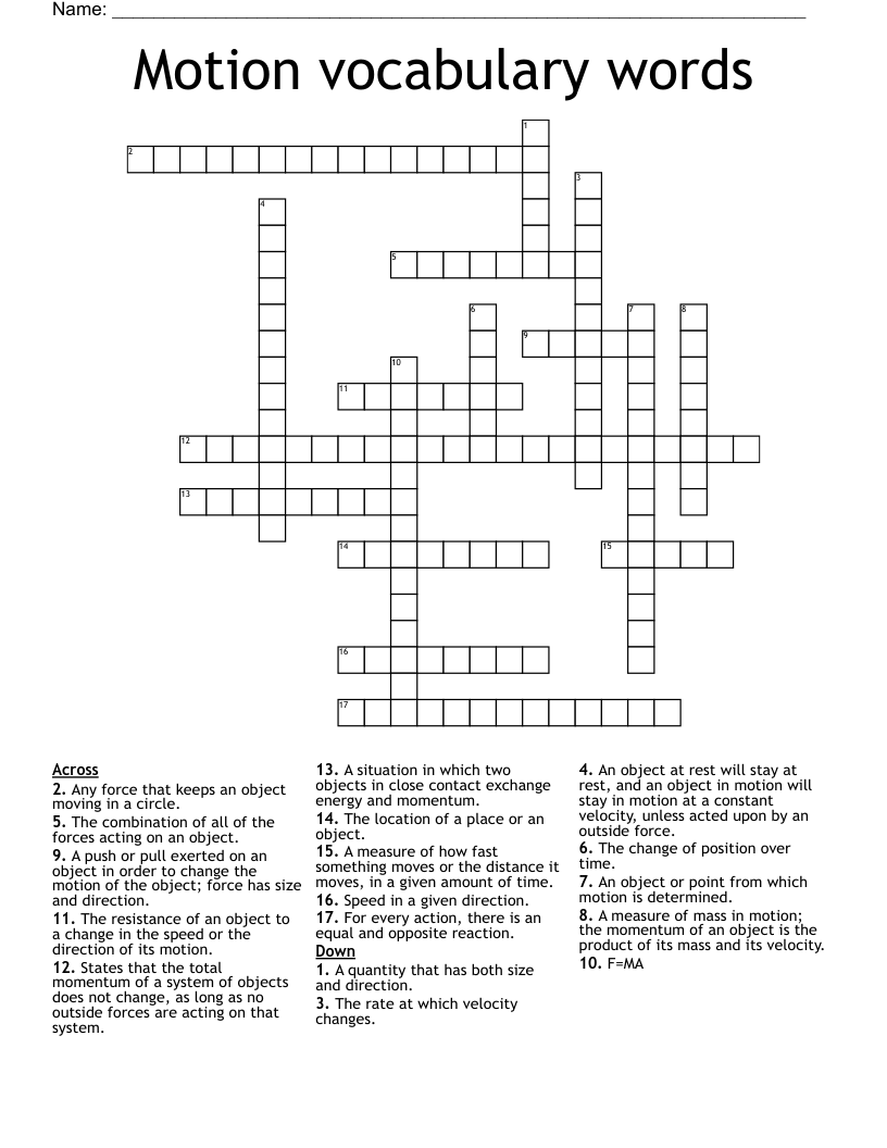 Motion vocabulary words Crossword