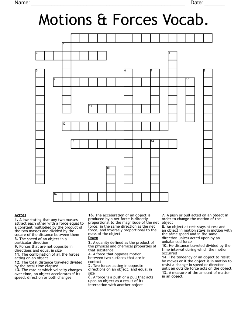 Motions & Forces Vocab. Crossword
