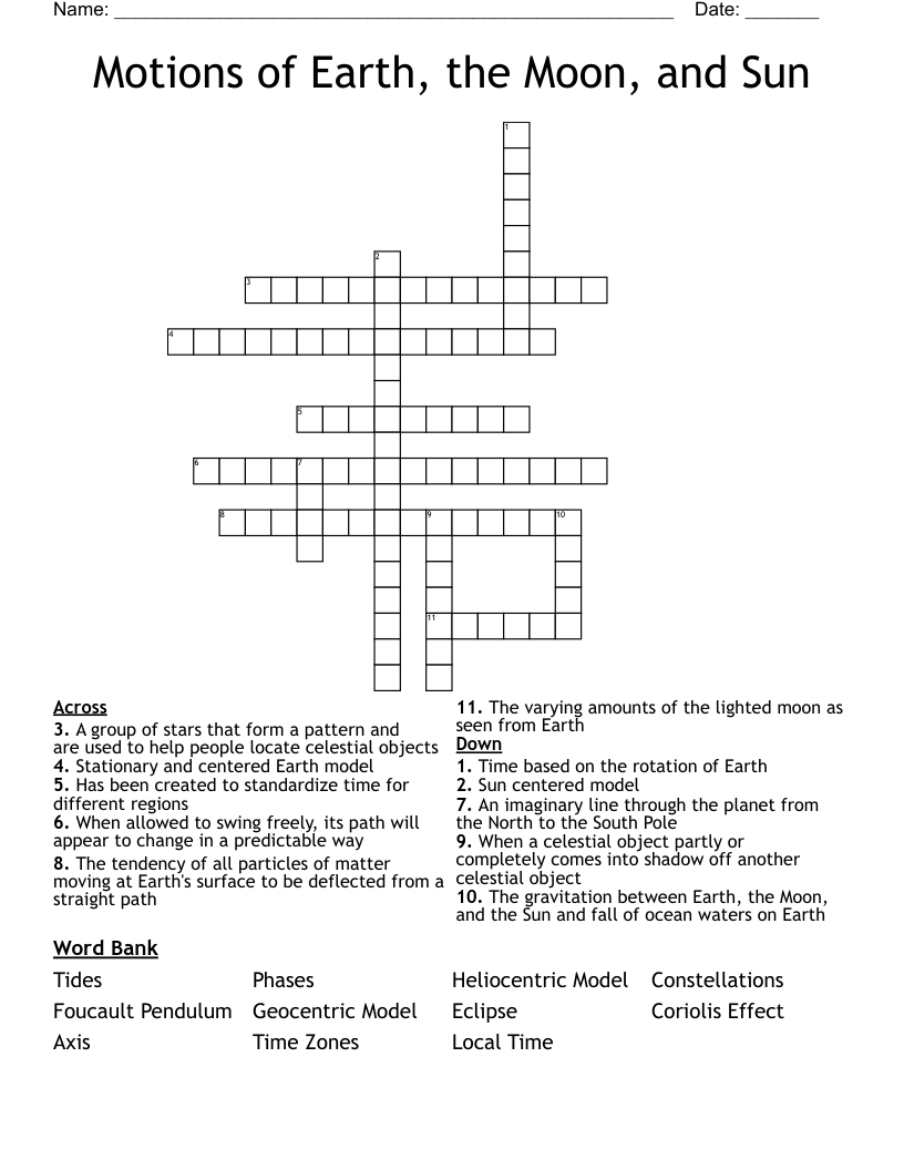 Motions of Earth, the Moon, and Sun Crossword