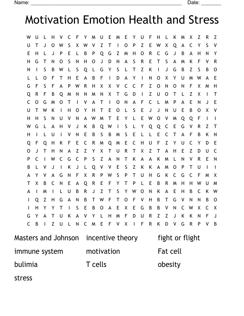 Motivation Emotion Health and Stress Word Search