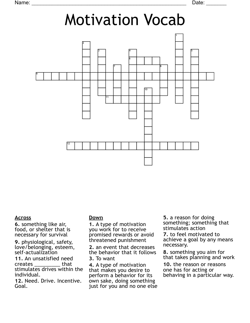 Motivation Vocab Crossword
