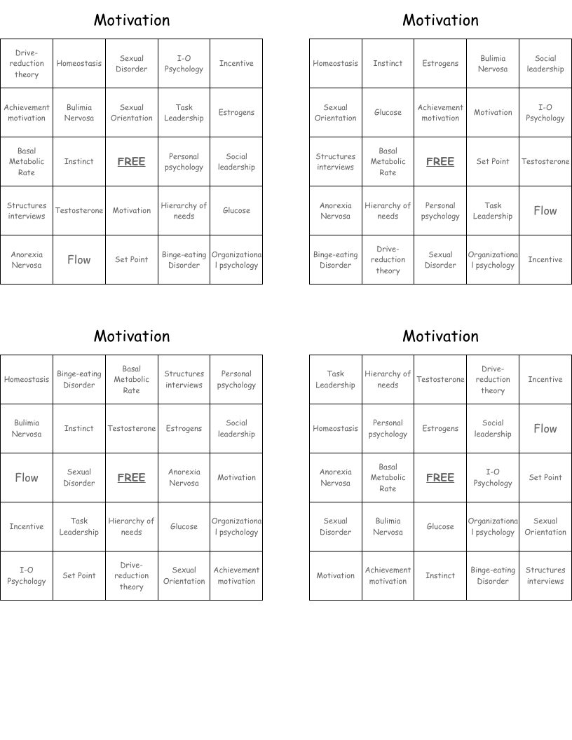 Motivation  Bingo Cards