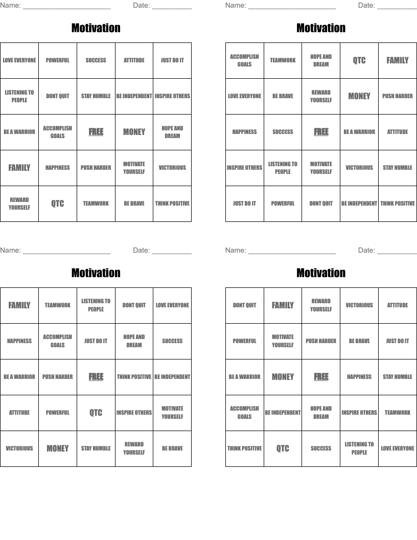 Motivation  Bingo Cards