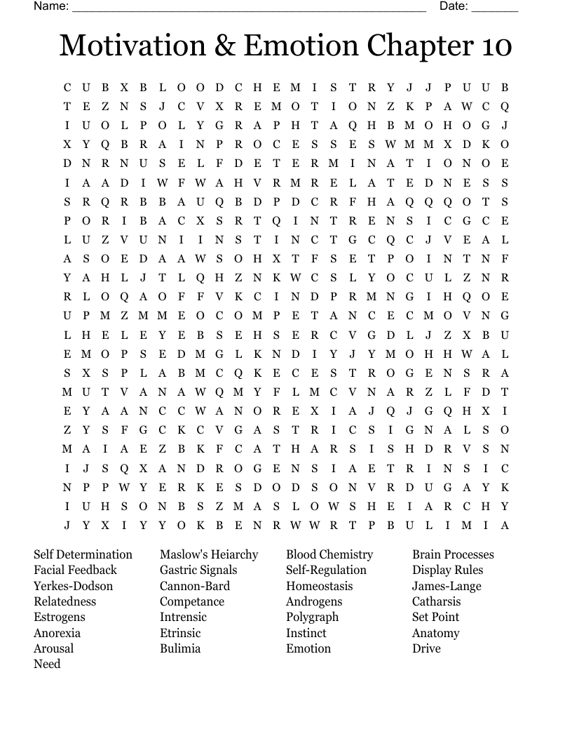 Motivation & Emotion Chapter 10 Word Search