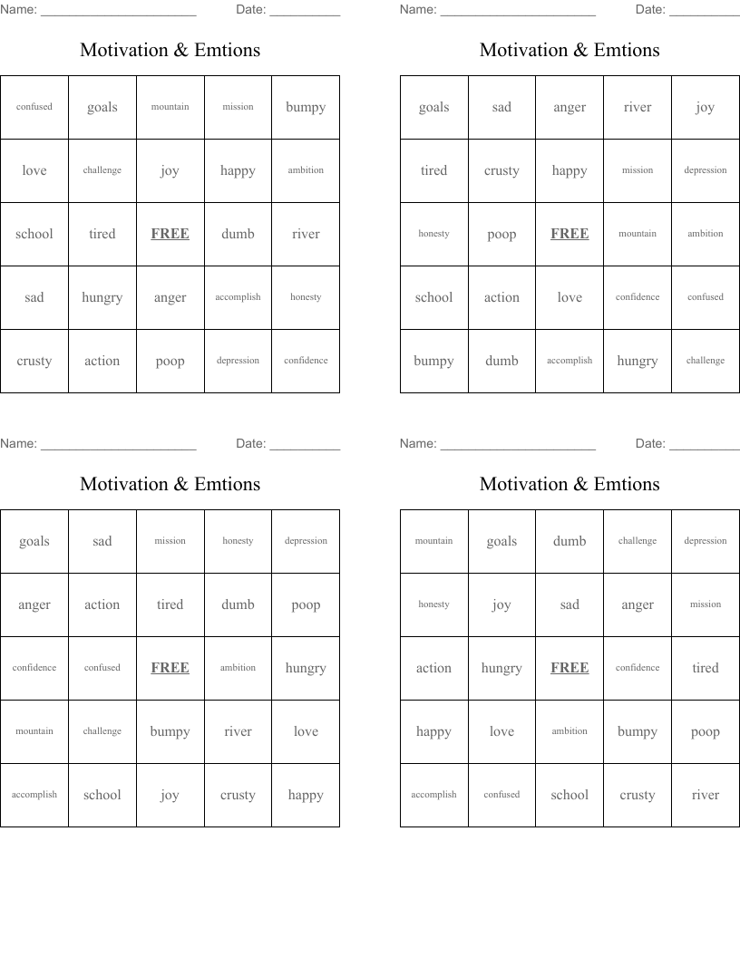 Motivation & Emtions Bingo Cards
