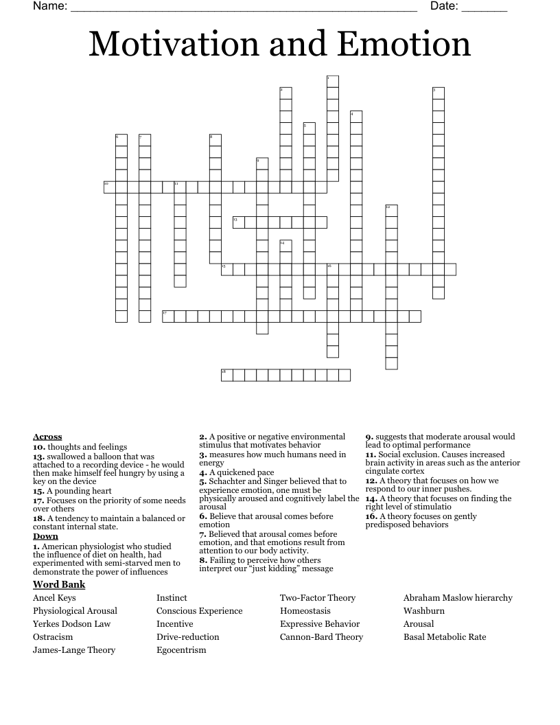Motivation and Emotion Crossword