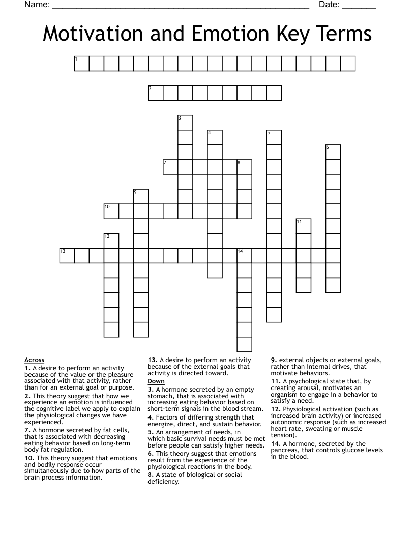 Motivation and Emotion Key Terms Crossword