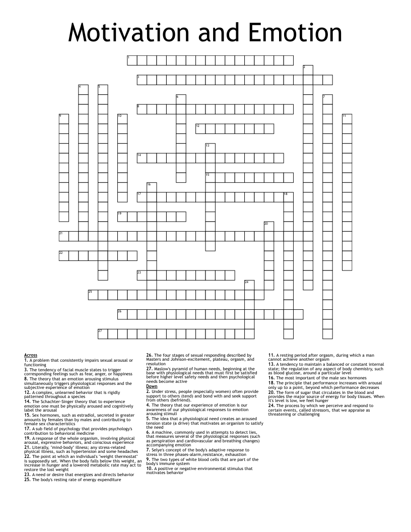 Motivation and Emotion  Crossword