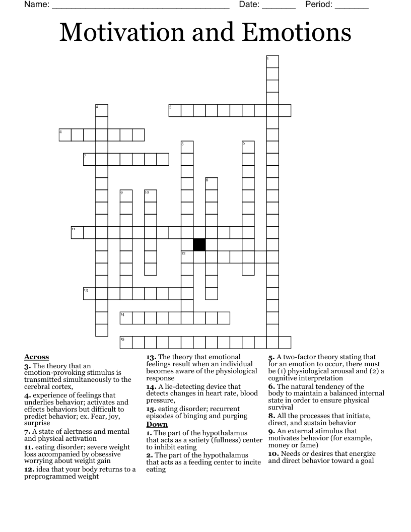 Motivation and Emotions  Crossword