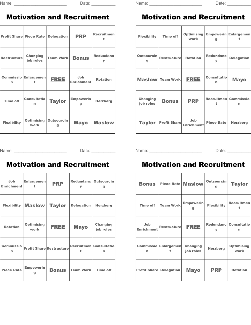Motivation and Recruitment Bingo Cards