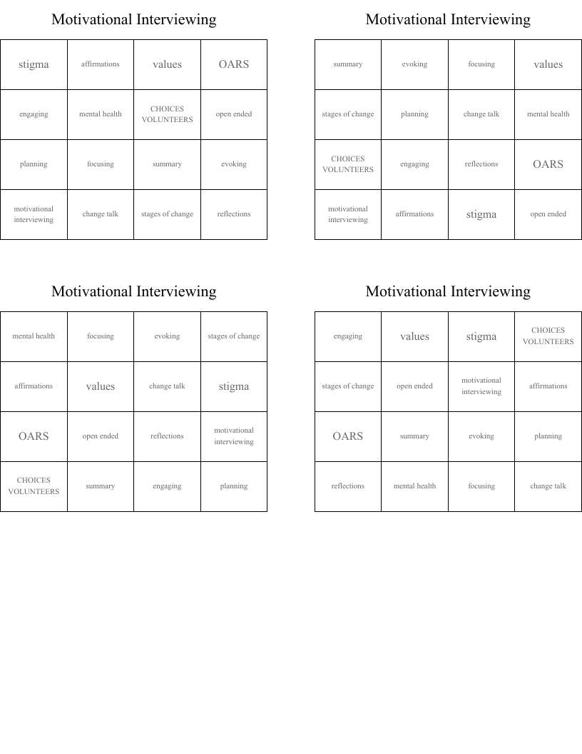 Motivational Interviewing Bingo Cards