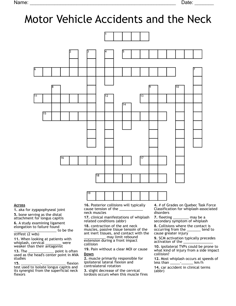 Motor Vehicle Accidents and the Neck Crossword