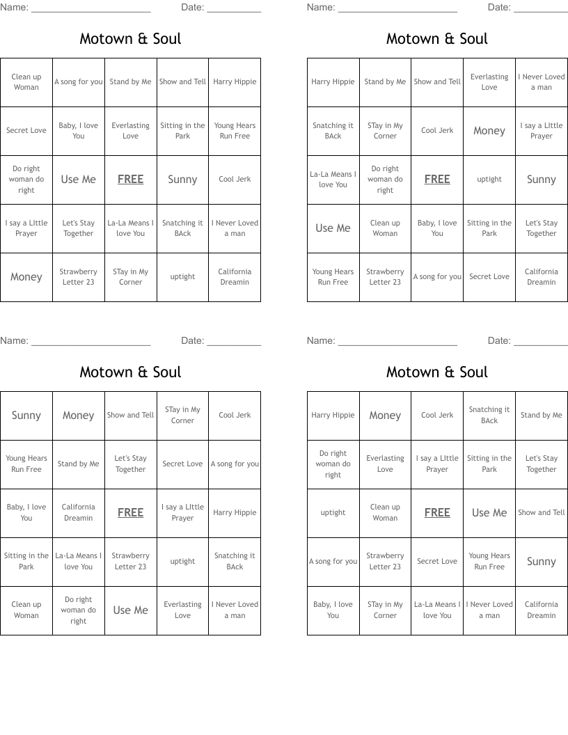 Motown & Soul Bingo Cards
