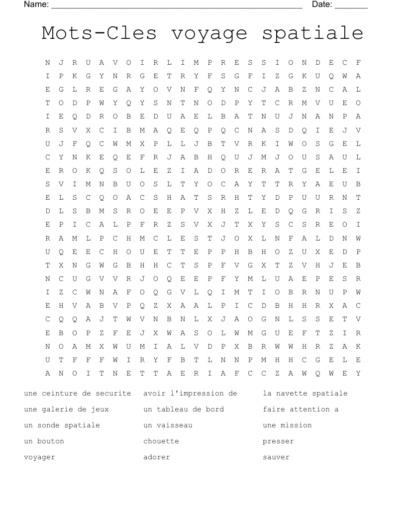 Mots-Cles voyage spatiale Word Search