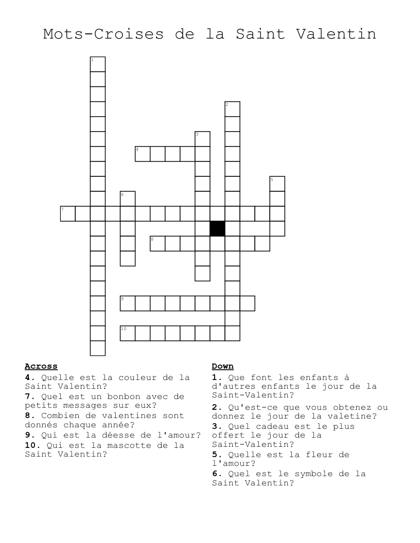 Mots-Croises de la Saint Valentin Crossword