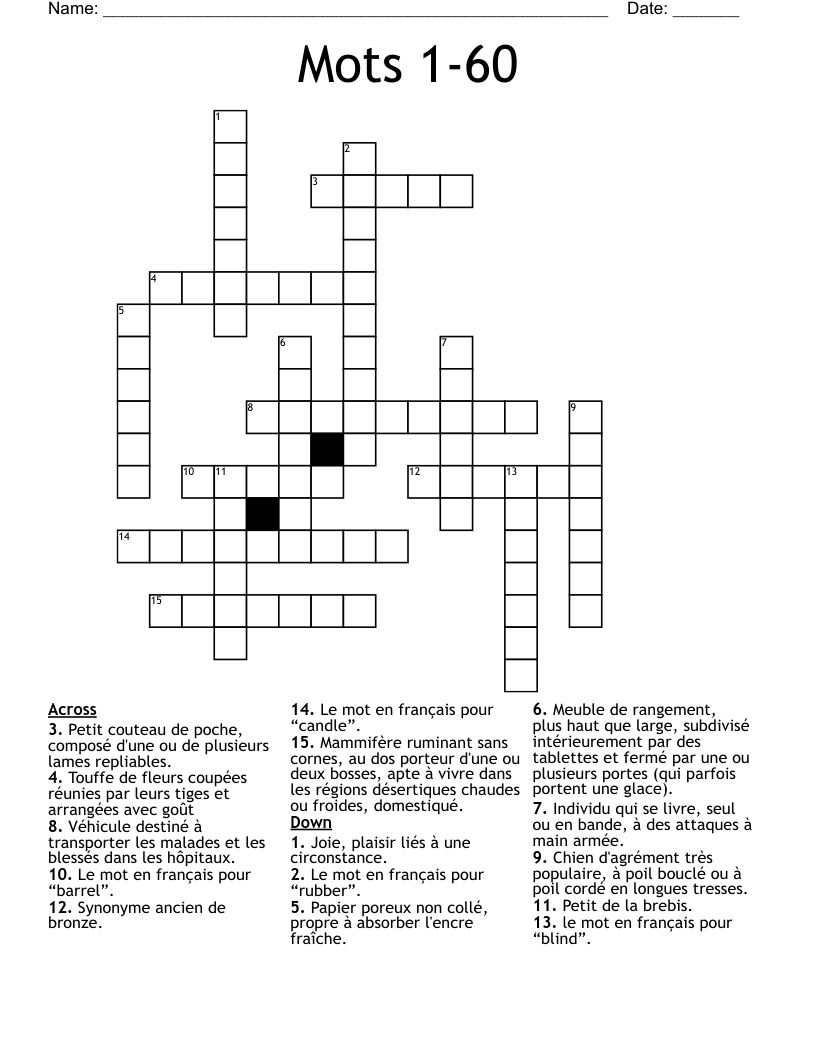 Mots 1-60 Crossword