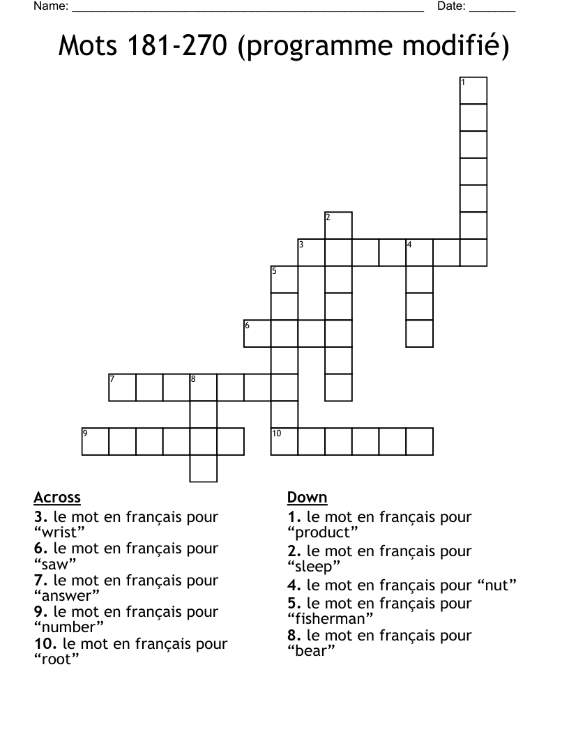 Mots 181-270 (programme modifié) Crossword