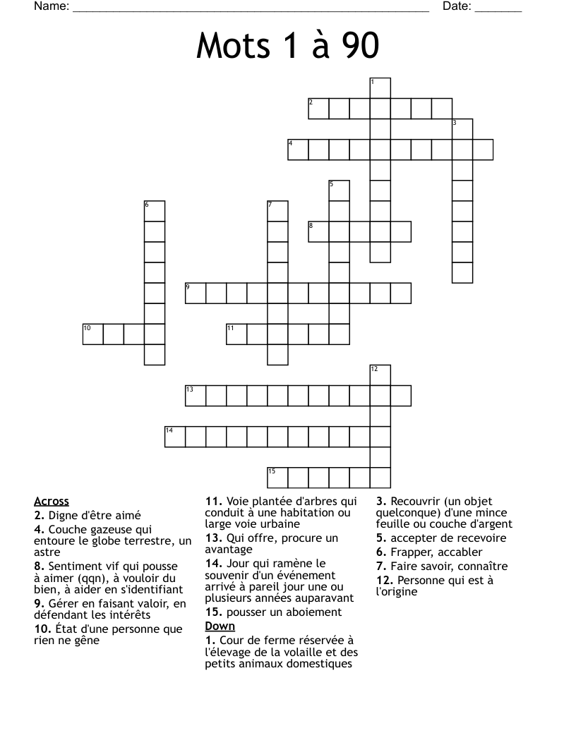 Mots 1 à 90 Crossword
