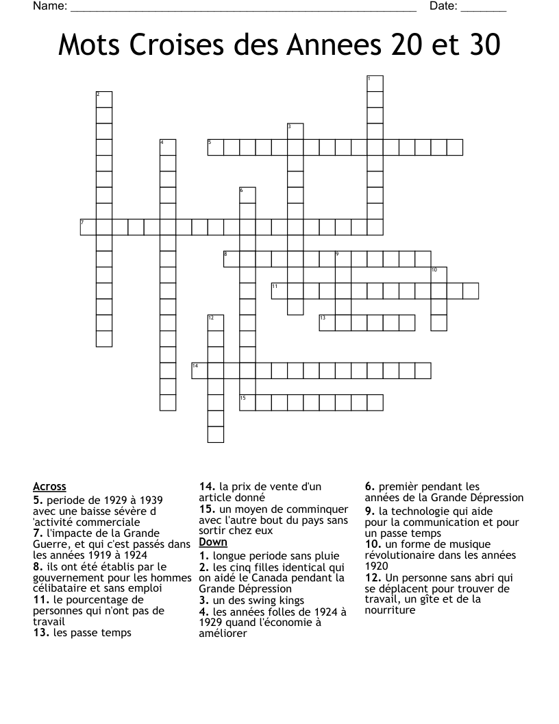 Mots Croises des Annees 20 et 30 Crossword